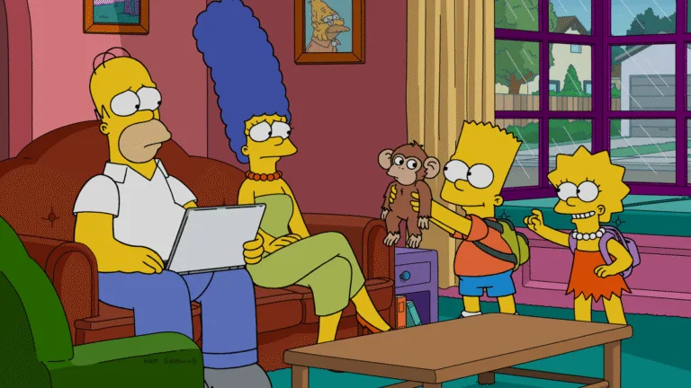 Homer and Marge watch as Bart holds the baby chimp beside Lisa in the Simpsons’ living room.