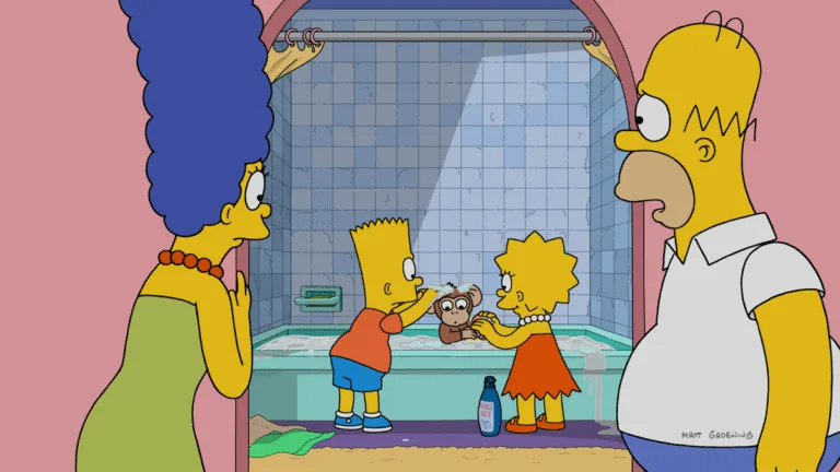 Bart and Lisa bathe the baby chimp while Marge and Homer look on.