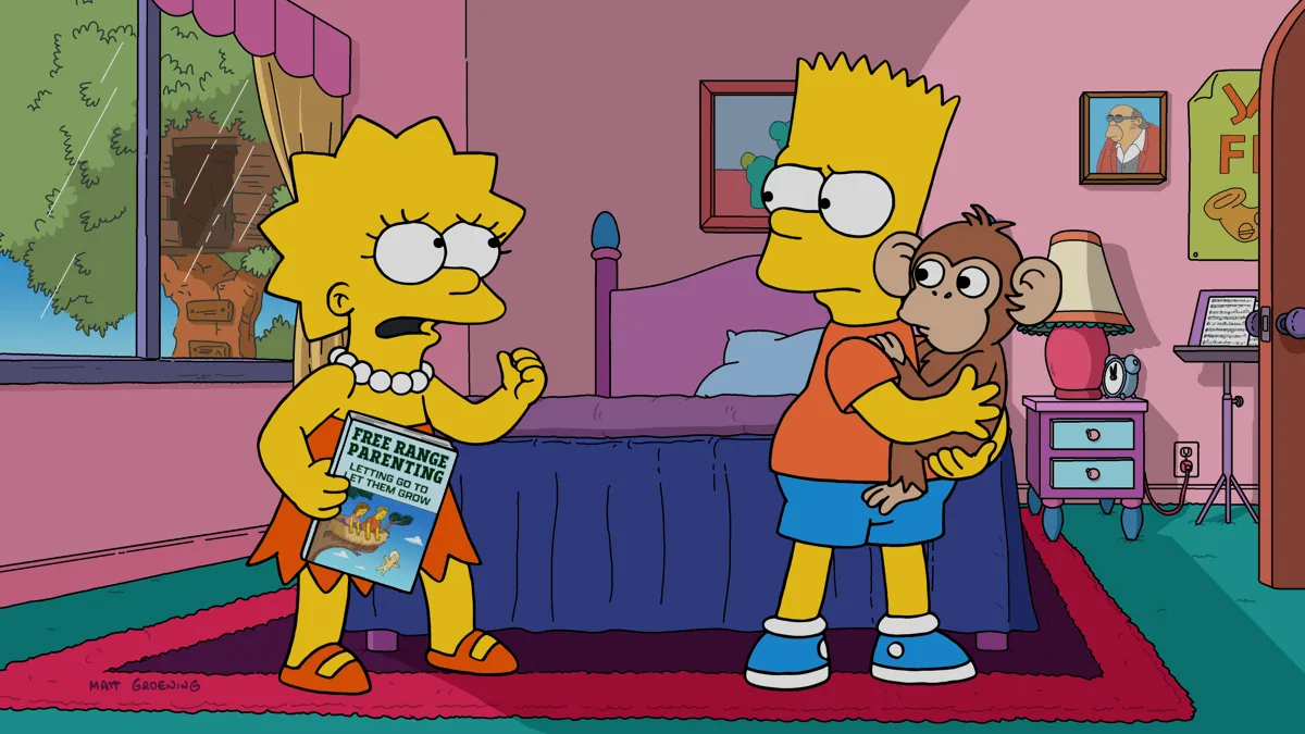 The Simpsons Season 38 Episode 2 Bart and Lisa adopt an abandoned baby chimp and clash over their surprisingly different parenting styles. When the chimp is abducted by a private wild animal zoo, the family goes on a mission to rescue him. Homer is conflicted about saving the ape, because he’s convinced the chimp will tear off his face and groin in the all-new "Diary of a Chimpy Kid" episode of THE SIMPSONS airing Sunday, Oct 4 8:00-8:31 PM ET/PT on FOX. 