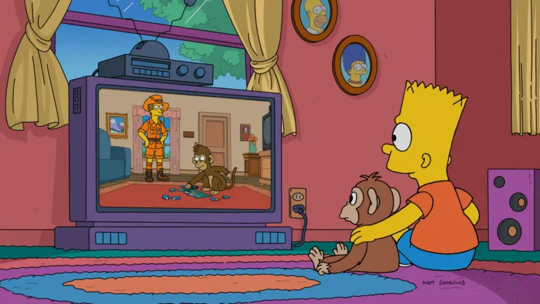 Bart Simpson sits with the baby chimp while they watch television in “Diary of a Chimpy Kid.”