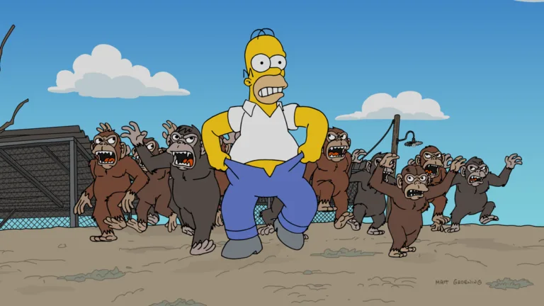 Homer Simpson runs from a group of angry chimpanzees in The Simpsons Season 38 Episode 2.