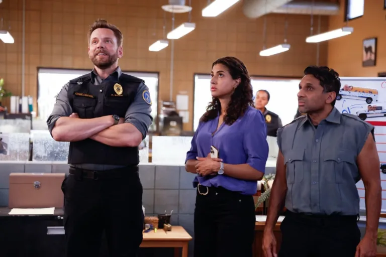 ANIMAL CONTROL: Joel McHale, Vella Lovell and Ravi V. Patel in the “Crows & Lizard Legs” episode of Animal Control airing Sunday, Oct. 4 (8:30-9:00 PM ET/PT) on FOX. © 2026 Fox Media LLC. CR: Bettina Strauss/FOX.