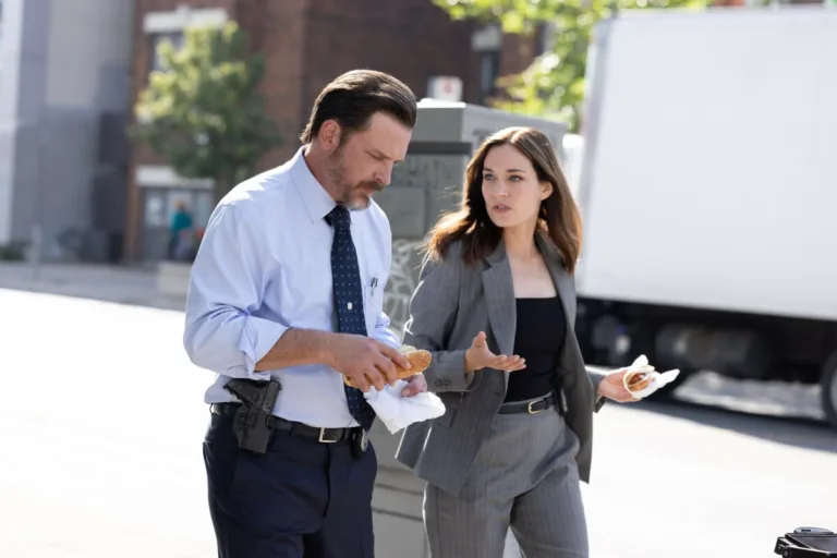 Law & Order Toronto: Criminal Intent Season 2 Episode 1-- “White Squirrel City” - Pictured (L-R) : Aden Young as Detective Sergeant Henry Graff and Kathleen Munroe as Detective Sergeant Frankie Bateman -- Photo Credit: Darren Goldstein -- © 2026 All Rights Reserved.