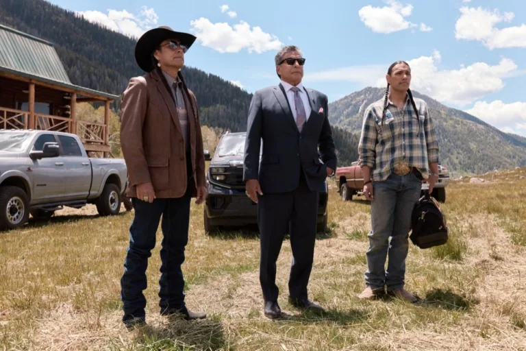 "End of Watch" - Coverage of the CBS Original Series MARSHALS, season 2, scheduled to air on the CBS Television Network and streaming on Paramount+. Pictured (L-R): Mo Brings Plenty, Gil Birmingham as Thomas Rainwater, and Will Strongheart as Troy. Photo: Matthias Clamer/CBS ©2026 CBS Broadcasting, Inc. All Rights Reserved.