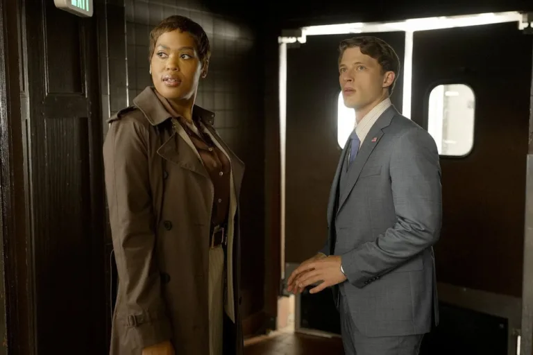 LINE OF FIRE -- "Paper Trail" Episode 104 -- Pictured: (l-r) Antoinette Crowe-Legacy as Nia Wallace, Taylor Bloom as Russ Hollingsworth -- (Photo by: Spencer Pazer/NBC)