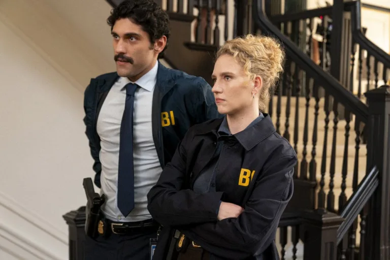 LINE OF FIRE -- "Paper Trail" Episode 104 -- Pictured: (l-r) Ali Badalov as Agent Tompkins, Kat Cunning as Clare Hollingsworth -- (Photo by: Ralph Bavaro/NBC)