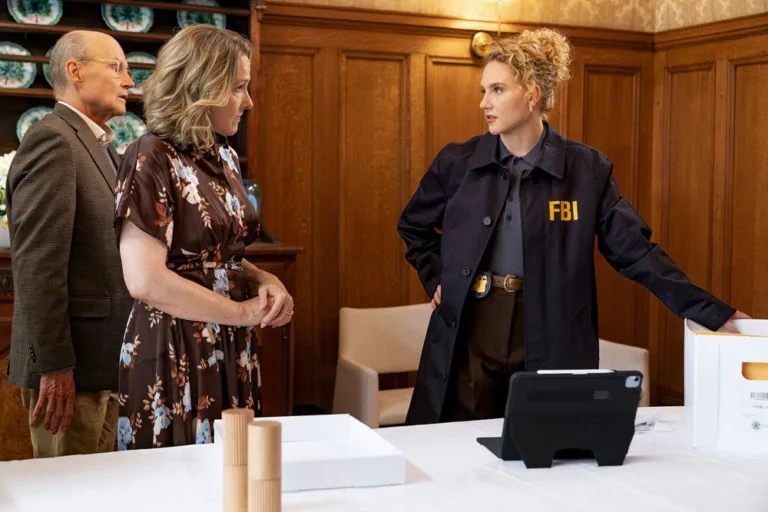 LINE OF FIRE -- "Paper Trail" Episode 104 -- Pictured: (l-r) Henry Stram as Hank Baxter, Katie Finneran as Meredith Keane, Kat Cunning as Clare Hollingsworth -- (Photo by: Ralph Bavaro/NBC)