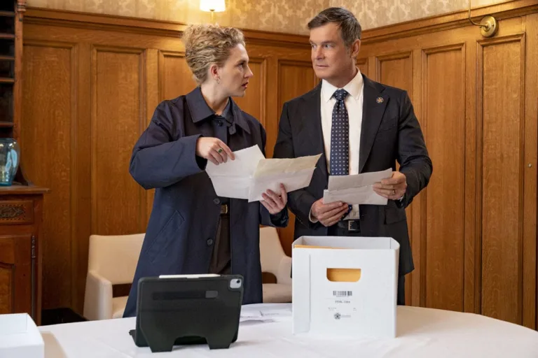 LINE OF FIRE -- "Paper Trail" Episode 104 -- Pictured: (l-r) Kat Cunning as Clare Hollingsworth, Peter Krause as Mike Hollingsworth -- (Photo by: Ralph Bavaro/NBC)