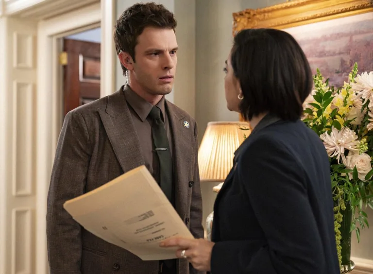 LINE OF FIRE -- "Paper Trail" Episode 104 -- Pictured: (l-r) Tommy O'Brien as Mike Jr. "Micah" Hollingsworth Jr., Krysta Rodriguez as Agent Ellen -- (Photo by: Ralph Bavaro/NBC)