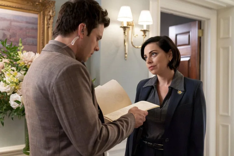 LINE OF FIRE -- "Paper Trail" Episode 104 -- Pictured: (l-r) Tommy O'Brien as Mike "Micah" Hollingsworth Jr., Krysta Rodriguez as Agent Ellen -- (Photo by: Ralph Bavaro/NBC)