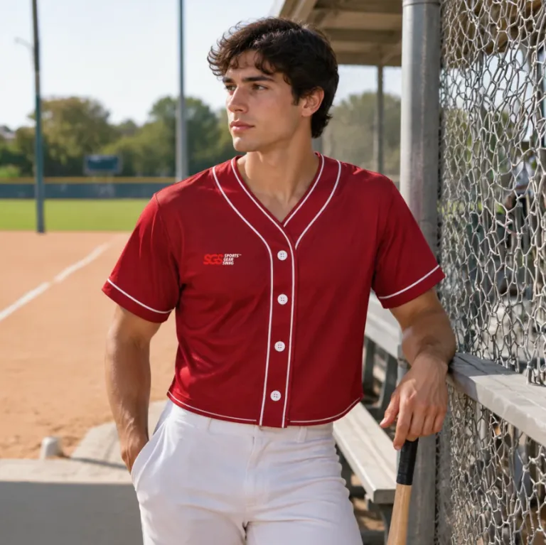 Baseball player in red jersey holding bat at dugout