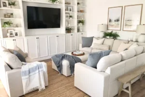 Cozy modern living room with sectional sofa and built-ins