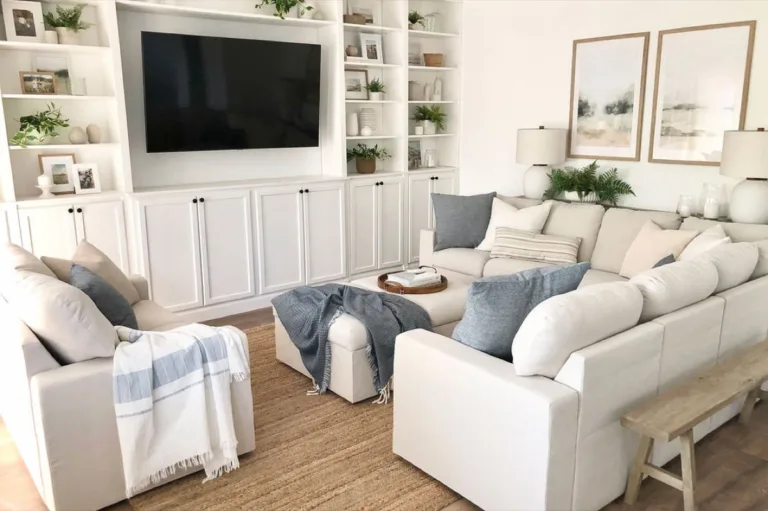 Cozy modern living room with sectional sofa and built-ins