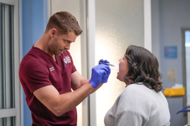 CHICAGO MED Season 12 Episode 2 -- "Third Rails" Episode 1202 -- Pictured: (l-r) Luke Mitchell as Dr. Mitch Ripley, B.K. Cannon as Ellen -- (Photo by: James Washington/NBC)