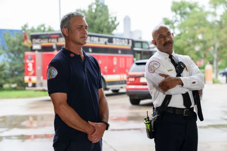 CHICAGO FIRE Season 15 Episode 2 -- "Rattle the Cage" Episode 1502 -- Pictured: (l-r) Taylor Kinney as Lt. Kelly Severide, Joel Damany Steingold as Chief Lowen -- (Photo by: Peter Gordon/NBC)