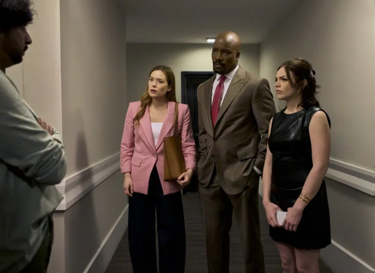 Cupertino Season 1 Episode 2 "Vik & Bo" -- Coverage of the CBS Original Series CUPERTINO, scheduled to air on the CBS Television Network. Pictured (L-R): Nik Dodani as Vikram Malhotra, Rachel Keller as Olivia Siffre, Mike Colter as Michael Price, and Ella Stiller as Christy Palladino. Photo: Elizabeth Fisher/CBS ©2026 CBS Broadcasting, Inc. All Rights Reserved.