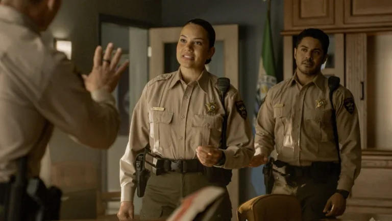 Sheriff Country Season 2 Episode 2 - “Family Trust” -- CBS Original Series Sheriff Country, scheduled to air on Friday, Oct. 16 (8:00-9:00 PM, ET/PT), on the CBS Television Network. Pictured (L-R): Michele Weaver as Cassidy and Ian Quinlan as Hank Iglesias. Photo: CBS ©2026 CBS Broadcasting, Inc. All Rights Reserved. Highest quality screengrab available.