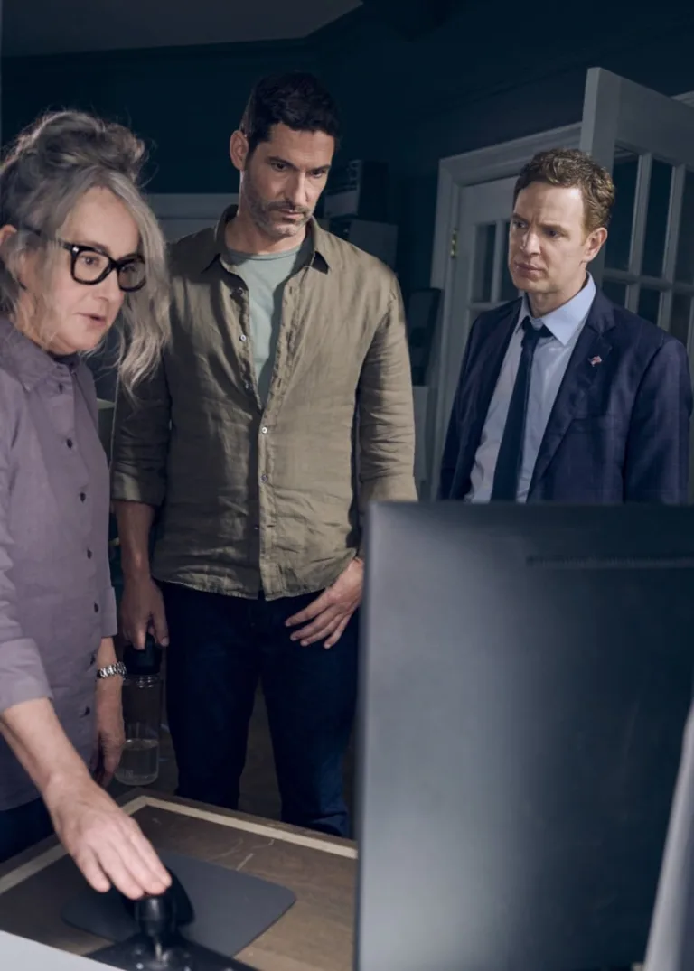CIA Season 2 Episode 3 "Radio Active" -- CBS Original Series CIA, scheduled to air on Monday, Oct. 19 (9:00-10:00 PM, ET/PT), on the CBS Television Network. Pictured (L-R): Jane Adams as Annie, Tom Ellis as CIA Case Officer Colin Glass, and Nick Gehlfuss as Special Agent Bill Goodman. Photo: Mark Schafer/CBS ©2026 CBS Broadcasting, Inc. All Rights Reserved.