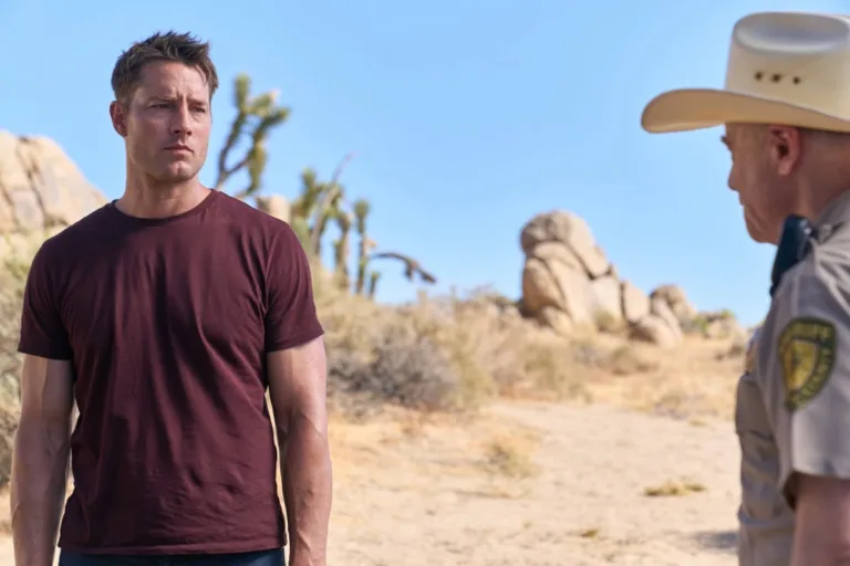 "Original Parts" -- Coverage of the CBS Original Series Tracker, scheduled to air on the CBS Television Network.   Pictured (L-R): Justin Hartley as Colter Shaw and Jim Meskimen as Sheriff Danaher  Photo: Mike Taing/CBS ©2026 CBS Broadcasting, Inc. All Rights Reserved.