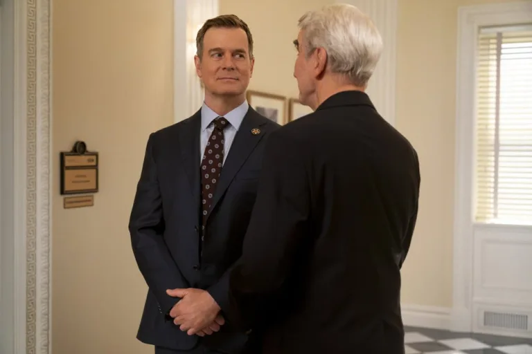 LINE OF FIRE -- "Cul-de-Sac" Episode 105 -- Pictured: (l-r) Peter Krause as Mike Hollingsworth, Sam Waterston as Former President Thomas Barnes -- (Photo by: Ralph Bavaro/NBC)