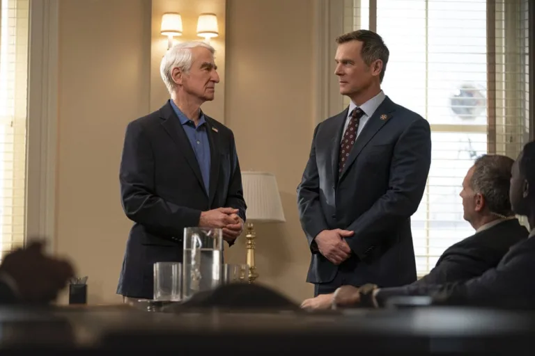 LINE OF FIRE Season 1 Episode 5 -- "Cul-de-Sac" Episode 105 -- Pictured: (l-r) Sam Waterston as Former President Thomas Barnes, Peter Krause as Mike Hollingsworth -- (Photo by: Ralph Bavaro/NBC)