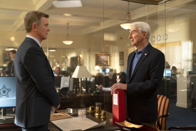 LINE OF FIRE -- "Cul-de-Sac" Episode 105 -- Pictured: (l-r) Peter Krause as Mike Hollingsworth, Sam Waterston as Former President Thomas Barnes -- (Photo by: Ralph Bavaro/NBC)