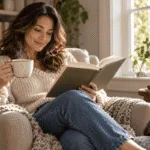 Sunlit reading with tea