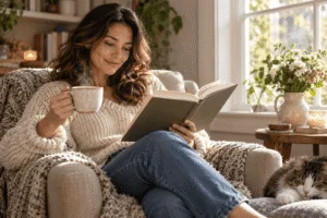Sunlit reading with tea