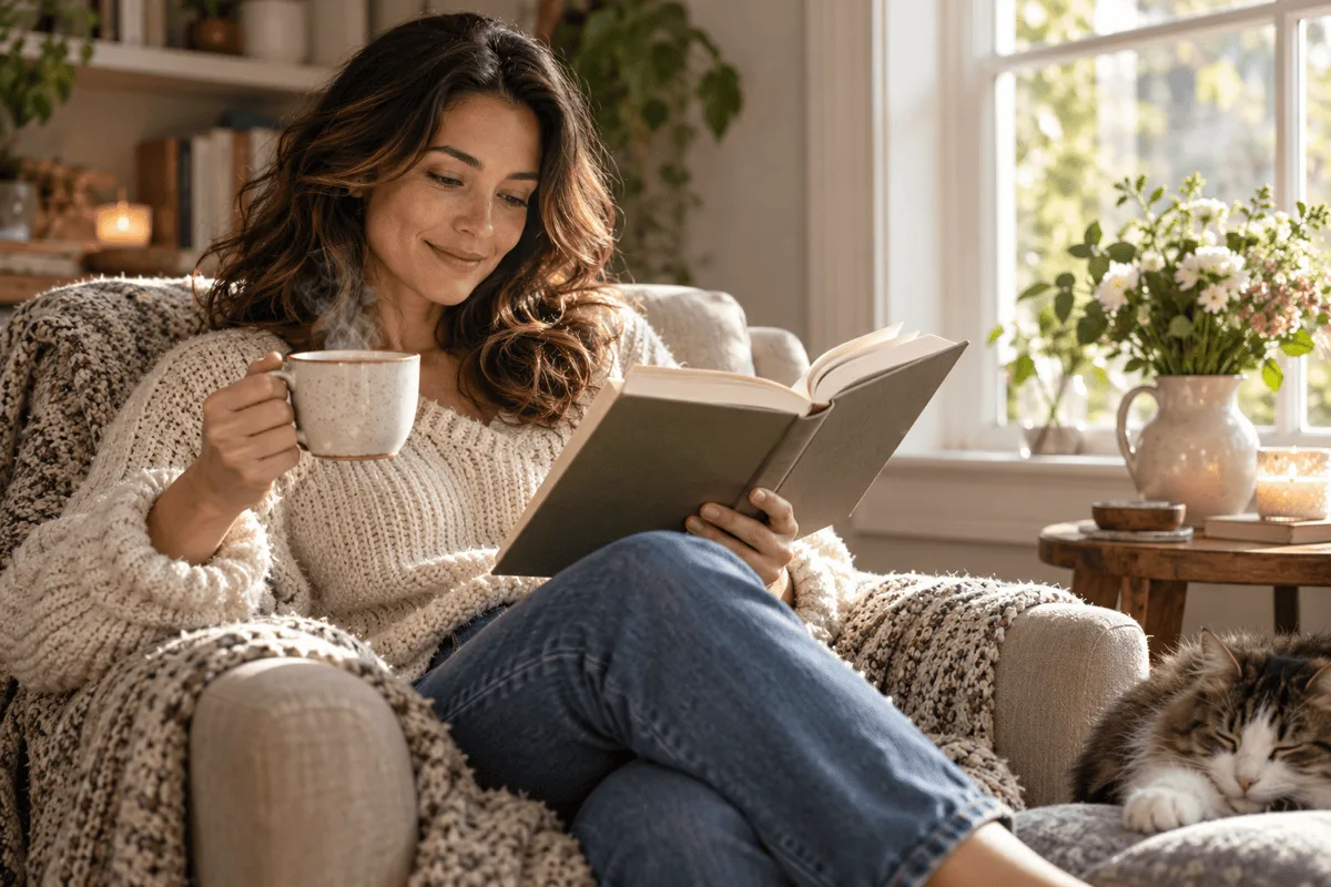Sunlit reading with tea