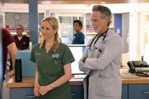Chicago Med Season 12 Episode 3 -- "They Call Me Ms. Goodwin" Episode 1203 -- Pictured: (l-r) Jessy Schram as Dr. Hannah Asher, Steven Weber as Dr. Dean Archer -- (Photo by: George Burns Jr/NBC)