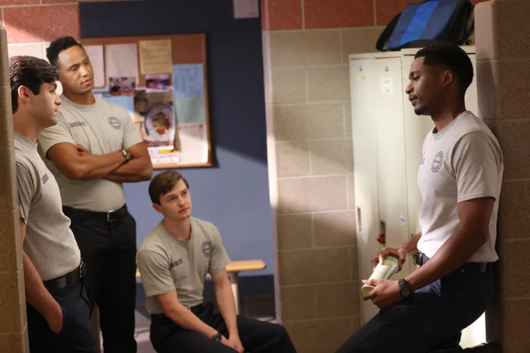 CHICAGO FIRE Season 15 Episode 3 -- "Take The Hit" Episode 1503 -- Pictured: (l-r) Matthew Daddario as McCaffrey, K.C. McNeil as Hollis, Joe Eichorst as Jansen, Da'Vinchi as Marcus Burke -- (Photo by: George Burns Jr/NBC)