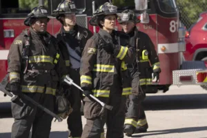 Chicago Fire Season 15 Episode 3 -- "Take the Hit" Episode 1503 -- Pictured: (l-r) Leroy Williams III as Ballard, Brandon Larracuente as Sal Vasquez, Miranda Rae Mayo as Stella Kidd, David Eigenberg as Christopher Herrmann -- (Photo by: Peter Gordon/NBC)