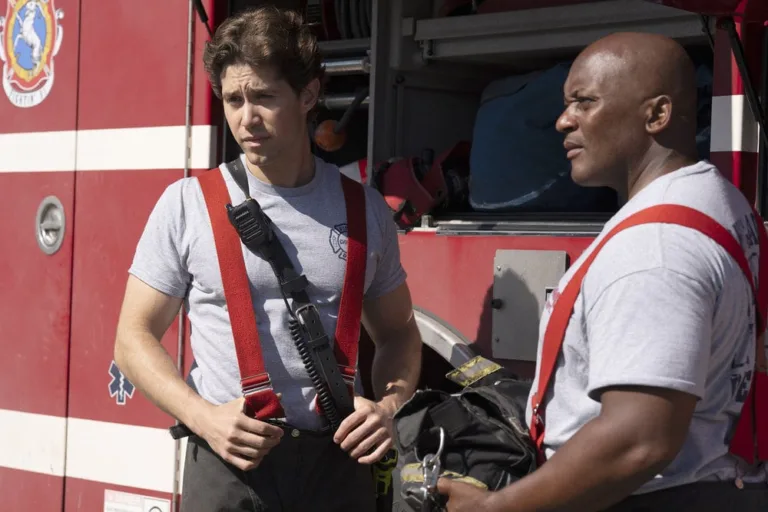 CHICAGO FIRE Season 15 Episode 3 -- "Take the Hit" Episode 1503 -- Pictured: (l-r) Brandon Larracuente as Sal Vasquez, Leroy Williams III as Ballard -- (Photo by: Peter Gordon/NBC)