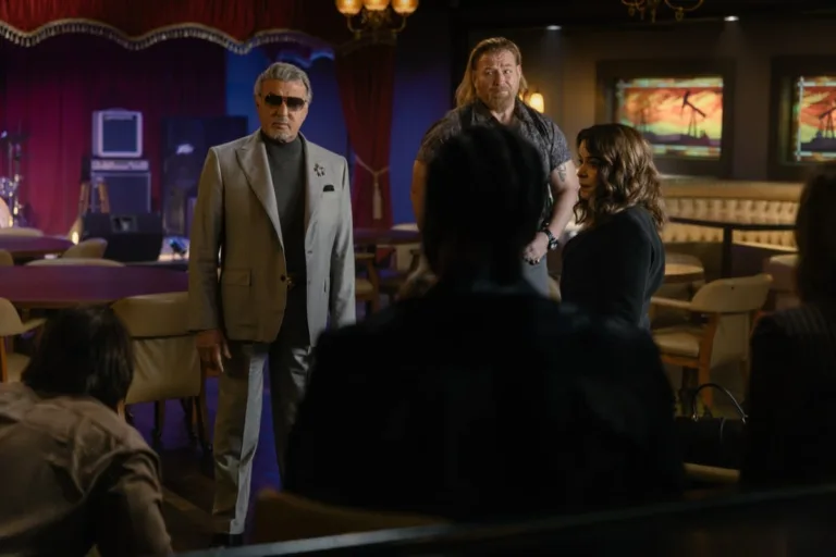 (L-R): Sylvester Stallone as Dwight Manfredi, Mike "Cash Flo" Walden as Bigfoot, and Annabella Sciorra as Joanne in Tulsa King, episode 2, season 4, streaming on Paramount+, 2026. Photo Credit: Steve Swisher/Paramount+