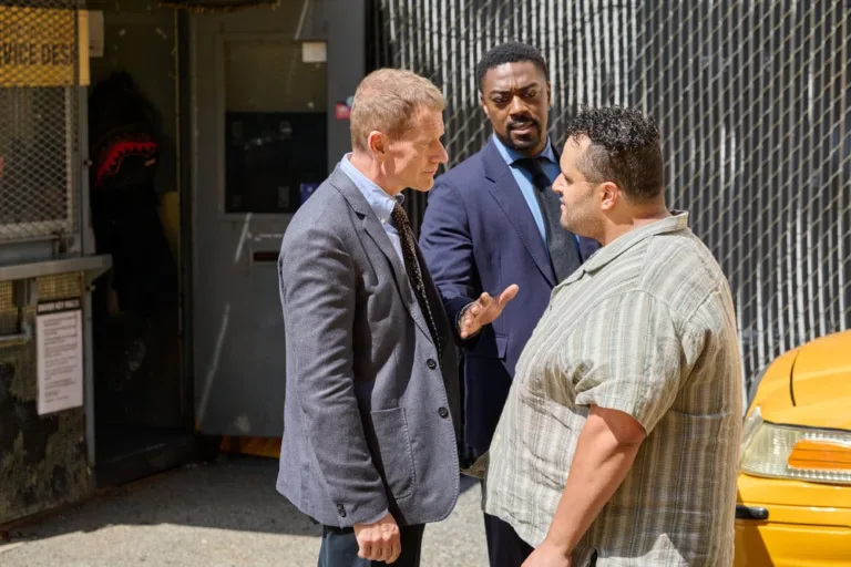 LAW & ORDER -- "Bad News" Episode 26003 -- Pictured: (l-r) James Badge Dale as Det. Robert Calvino, David Ajala as Det. Theo Walker, Ahmad Kamal as Zayne Hassim -- (Photo by: Scott Gries/NBC)