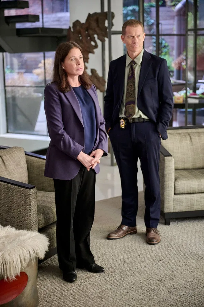 Law & Order Season 26 Episode 3 -- "Bad News" Episode 26003 -- Pictured: (l-r) Maura Tierney as Lt. Jessica Brady, James Badge Dale as Det. Robert Calvino -- (Photo by: Scott Gries/NBC)