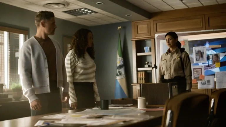 “Ulysses” -- CBS Original Series Sheriff Country, scheduled to air on Friday, Oct. 23 (8:00-9:00 PM, ET/PT), on the CBS Television Network. Pictured (L-R): Matt Lauria as Boone, Michele Weaver as Cassidy, and Morena Baccarin as Sheriff Mickey Fox. Photo: CBS ©2026 CBS Broadcasting, Inc. All Rights Reserved. Highest quality screengrab available.