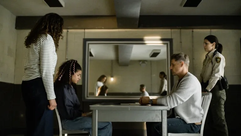 “Ulysses” -- CBS Original Series Sheriff Country, scheduled to air on Friday, Oct. 23 (8:00-9:00 PM, ET/PT), on the CBS Television Network. Pictured (L-R): Celine Bauwmans as Courtney, Matt Lauria as Boone and Morena Baccarin as Sheriff Mickey Fox. Photo: CBS ©2026 CBS Broadcasting, Inc. All Rights Reserved. Highest quality screengrab available.