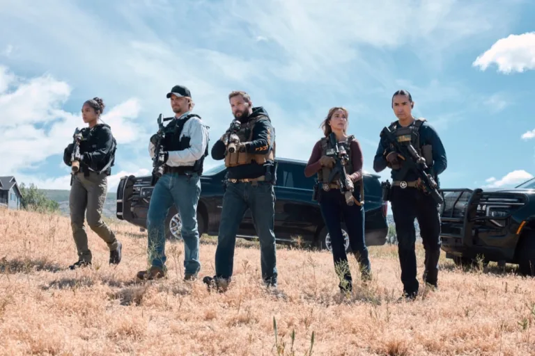 Marshals Season 2 Episode 4 - "Blast Radius" -- Coverage of the CBS Original Series Marshals, scheduled to air on the CBS Television Network. Pictured (L-R): Ash Santos as Andrea Cruz, Luke Grimes as Kayce Dutton, Logan Marshall-Green as Pete Calvin, Arielle Kebbel as Belle, and Tatanka Means as Miles Kittle. Photo: Fred Hayes/CBS ©2026 CBS Broadcasting, Inc. All Rights Reserved.