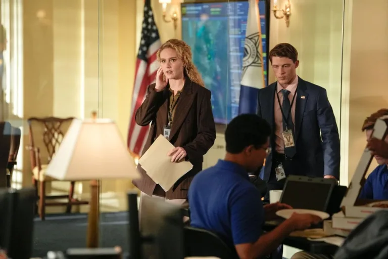 LINE OF FIRE Season 1 Episode 6 -- "Cabin Pressure" Episode 106 -- Pictured: (l-r) Kat Cunning as Clare Hollingsworth, Taylor Bloom as Russ Hollingsworth -- (Photo by: Spencer Pazer/NBC)