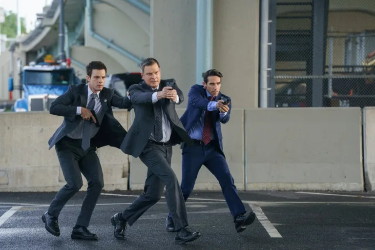 LINE OF FIRE -- "Cabin Pressure" Episode 106 -- Pictured: (l-r) Tommy O'Brien as Mike Jr. "Micah" Hollingsworth, Peter Krause as Mike Hollingsworth, Keith Nobbs as Daryl -- (Photo by: Matt Infante/NBC)