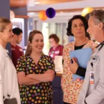 CHICAGO MED Season 12 Episode 4 -- "Tomorrow, and Tomorrow, and Tomorrow" Episode 1204 -- Pictured: (l-r) Jessy Schram as Dr. Hannah Asher, Kim Quindlen as Nurse Kacy, Lorena Diaz as Nurse Doris, Steven Weber as Dr. Dean Archer -- (Photo by: George Burns Jr/NBC)