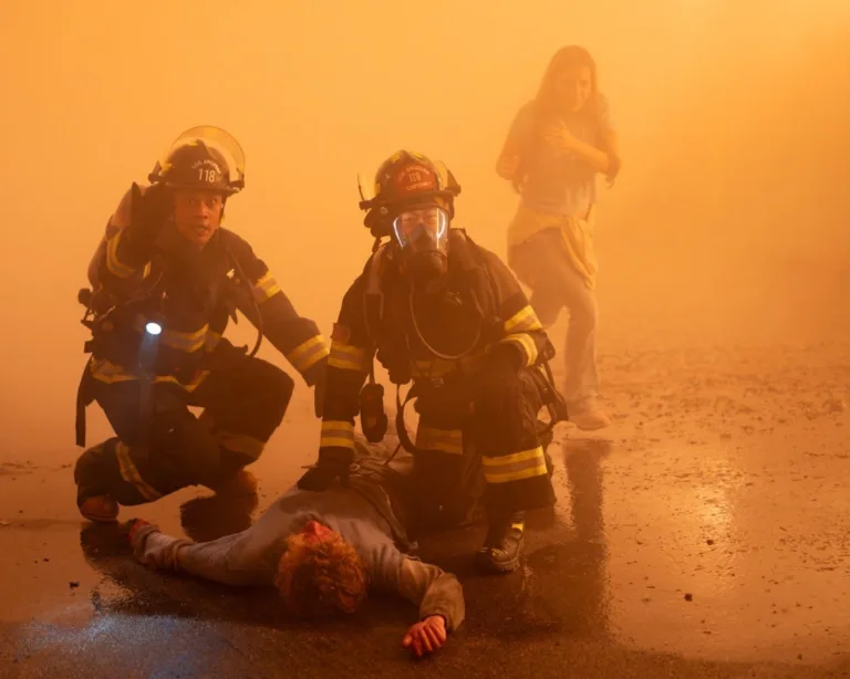 9-1-1: “Streets of Fire” - In the wake of the volcanic eruption, Maddie and the 118 race to divert a river of lava before it consumes a packed hospital. Athena, still trapped underground, faces a massive obstacle that cuts her off from any chance of calling for help. THURSDAY, OCT. 29 (8:00-9:00 p.m. EDT) on ABC. (Disney/Christopher Willard) 
BRYAN MARCOS, KENNETH CHOI